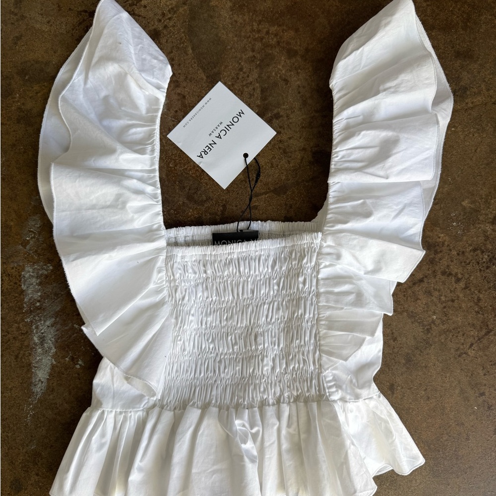 Monica Nera White Smocked Ruffle Blouse